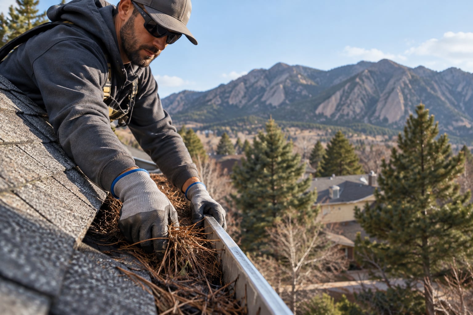 Gloved hands clearing pine needles out of a roof gutter