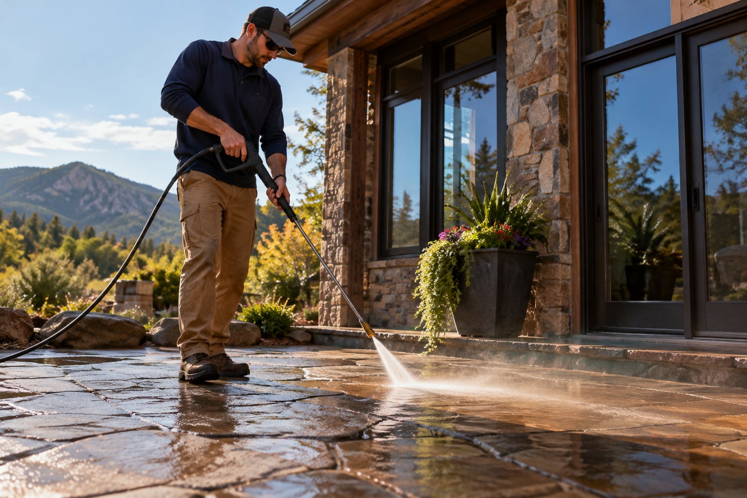 A clean pressure-washed stripe across a flagstone patio