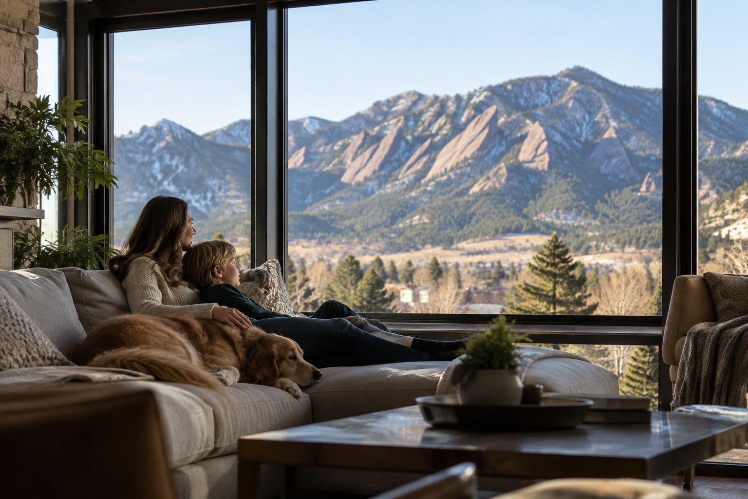 A wide living-room window looking out at the Flatirons on a cloudless Boulder morning