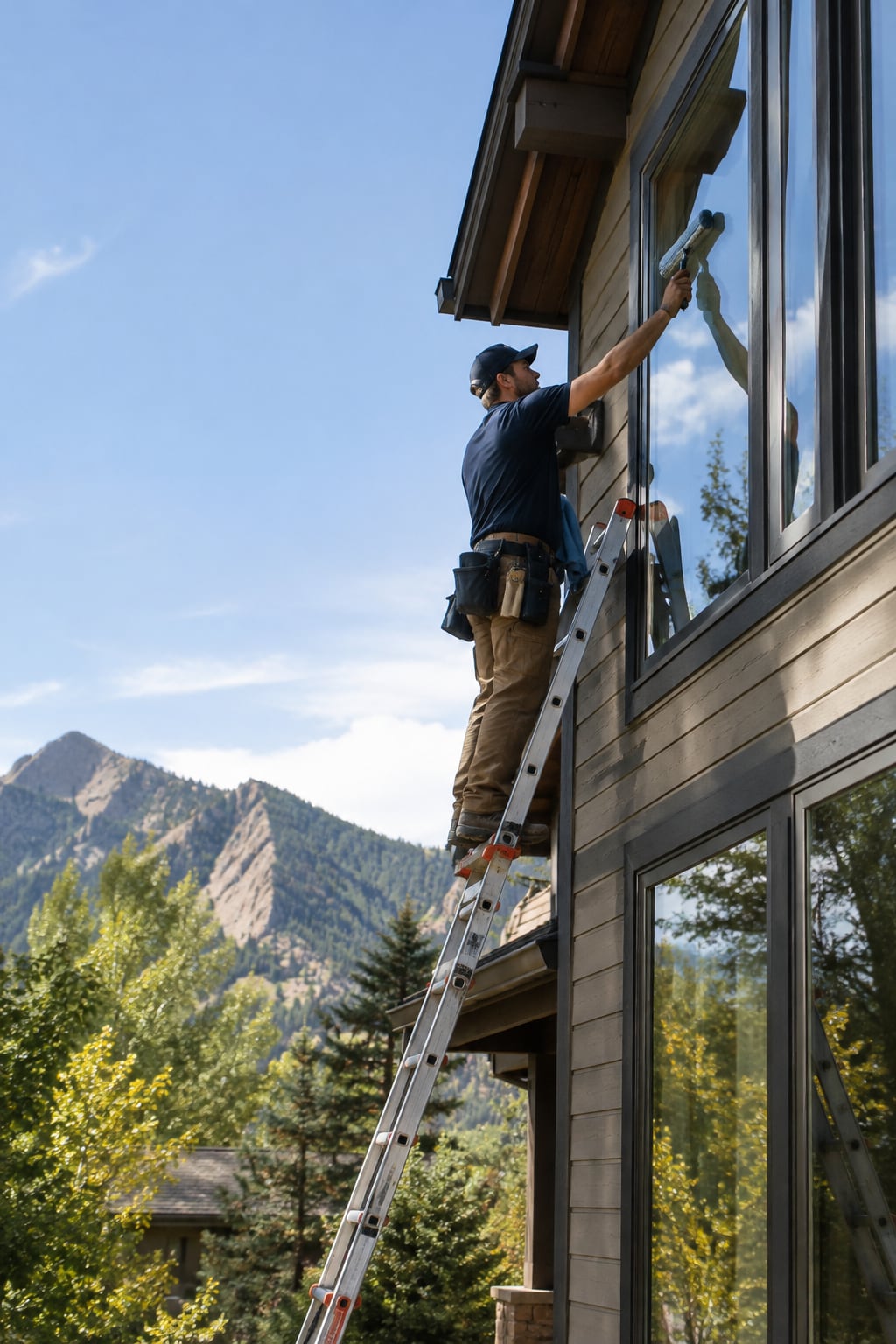 A window cleaner on a ladder at the upper windows of a two-story home